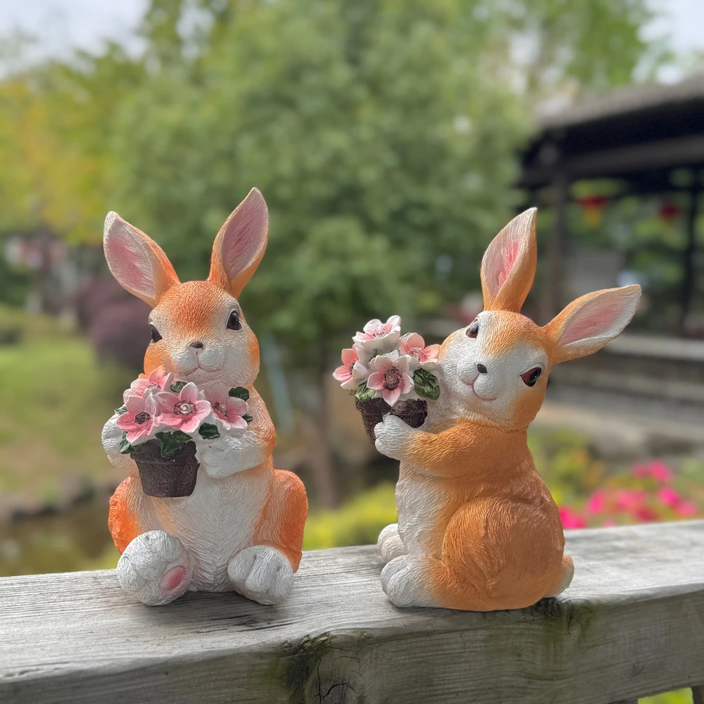 太阳能氛围灯花园装饰抱花兔子仿真动物户外庭院摆件卡通阳台饰品