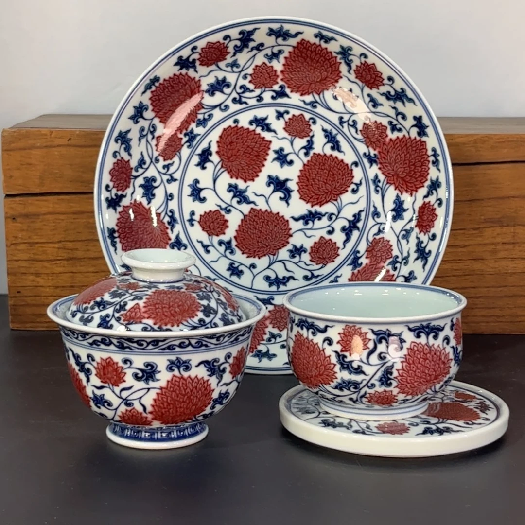 青花釉里红霸王菊四件套 可拆分