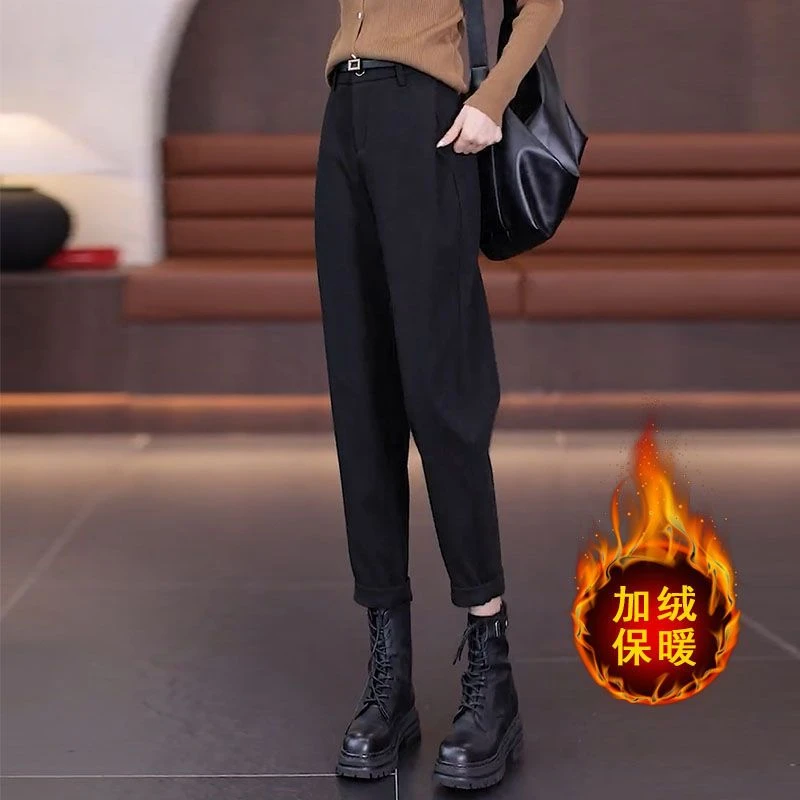 咖色毛呢九分加绒裤女秋冬高腰哈伦裤子2025新款休闲西装烟管裤子