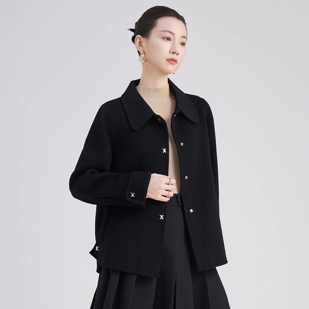 【达人专享】女短款毛呢外套简约复古外套毛呢翻领气质GC918025