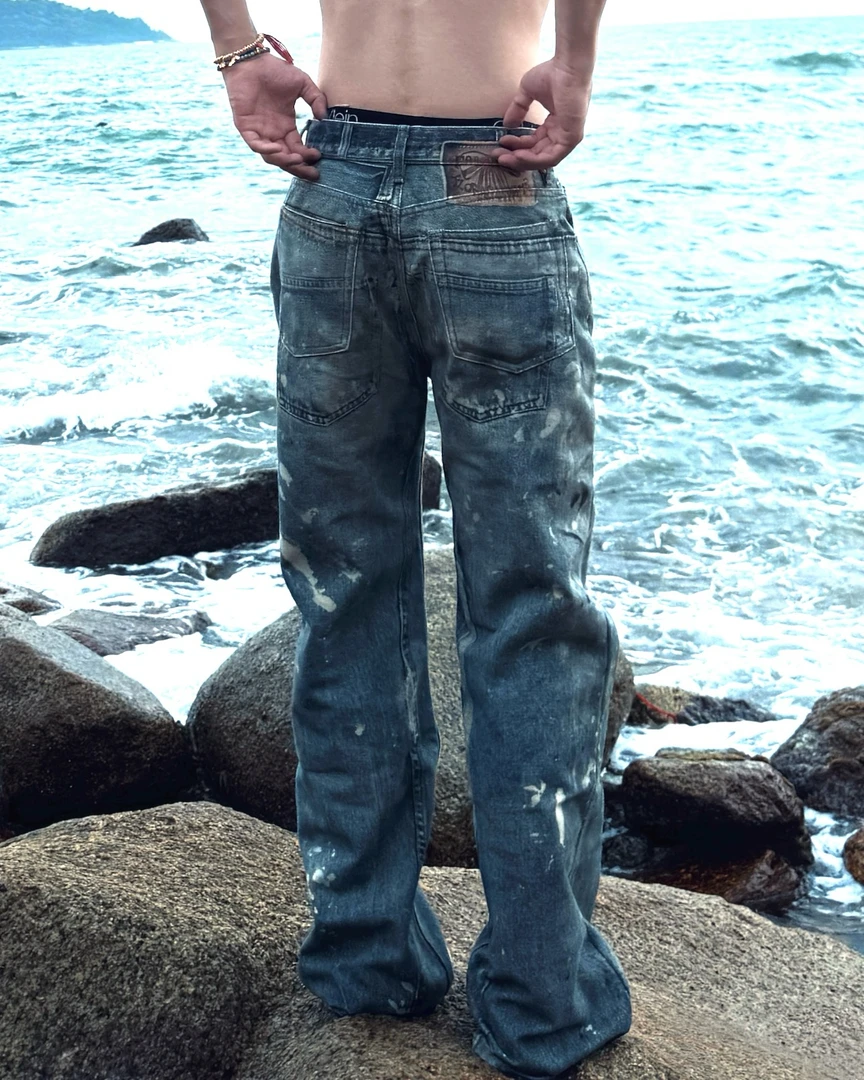 【3D打印重叠兜】EWEAR直筒泼墨印花立体打印牛仔纯棉男女裤ZB281