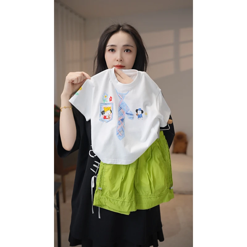 【米佑】2025年新款儿童印花领带短袖短裤夏季潮流穿搭套装WQ227