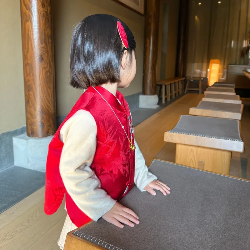 儿童中国风新年马甲秋冬女童加厚新中式唐装红色马甲上衣