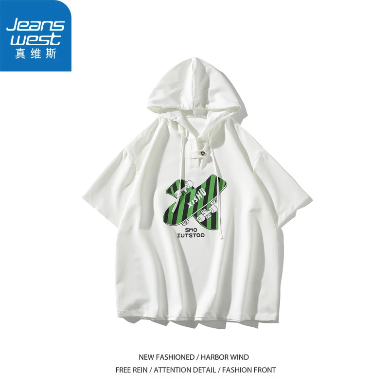 真维斯假两件连帽t恤男夏季痞帅高级感初高中生短袖百搭休闲小众