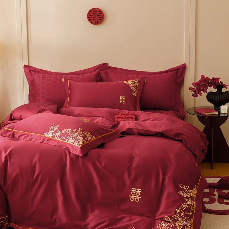 高端中式婚庆100S澳棉全棉四件套重工金色刺绣红色结婚房被套床品