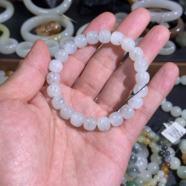手链未镶嵌和田玉新疆和田黑山矿白玉点墨老型珠手串