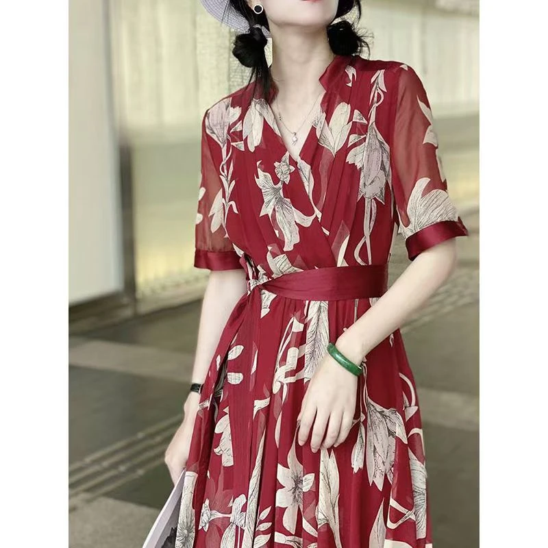 暖长裙夏季宴会树脂固色气质法式优雅长款短袖连衣裙1129