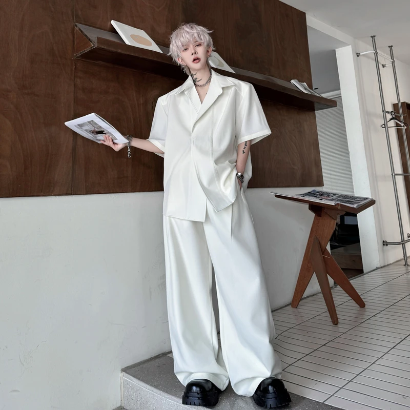 夏季高级感翻领垫肩短袖衬衫套装男韩版一套穿搭阔腿西裤两件套