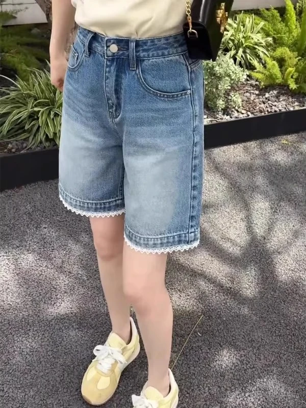 2025夏季薄款高腰蕾丝花边直筒牛仔短裤女胖mm宽松显瘦阔腿五分裤