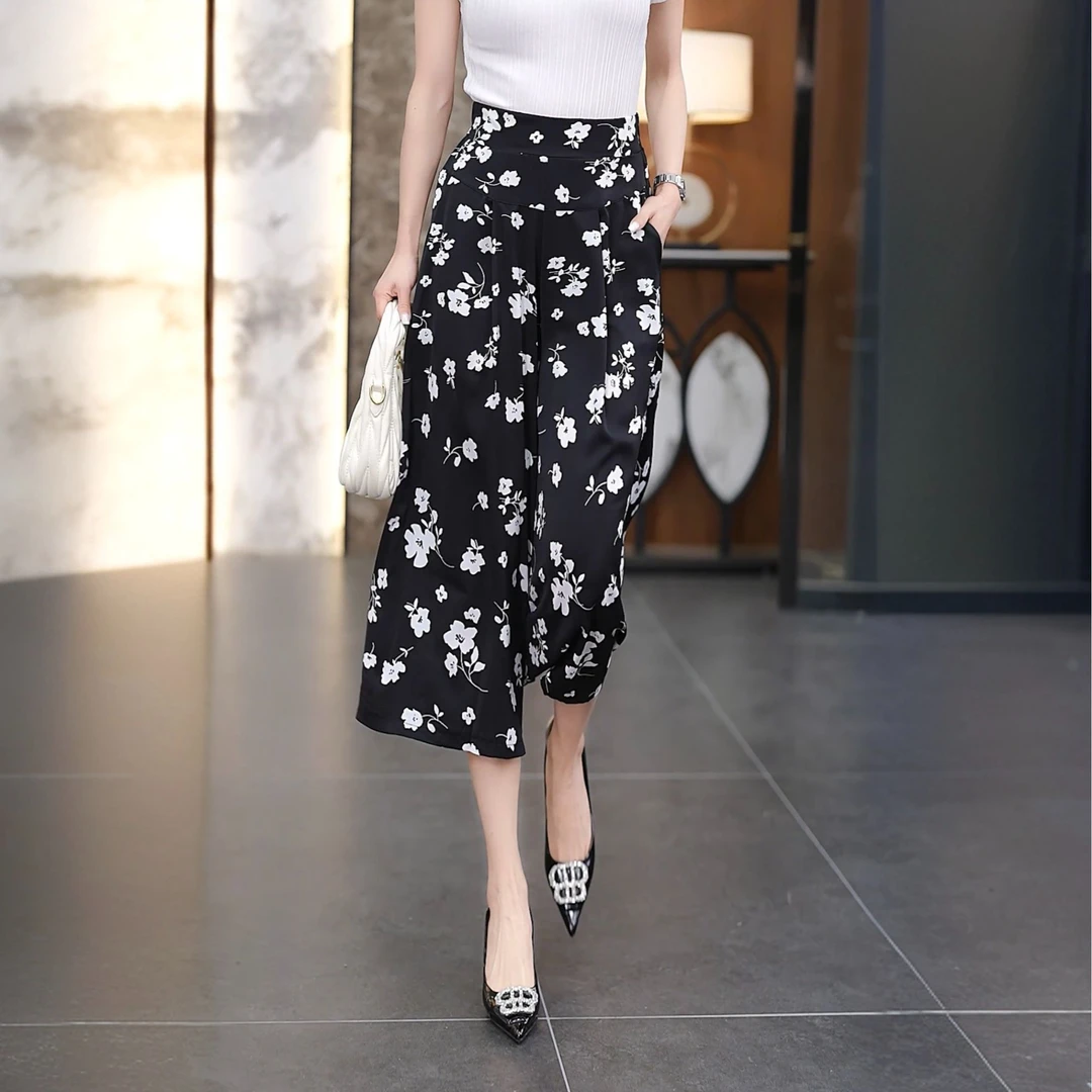 雪纺阔腿裤夏女薄款花裤子显瘦2025年新款高腰宽松大脚裙裤八分裤
