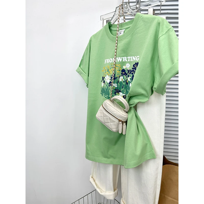 美式复古绿色短袖T恤女ins潮宽松夏季女装高街简约上衣设计感小众