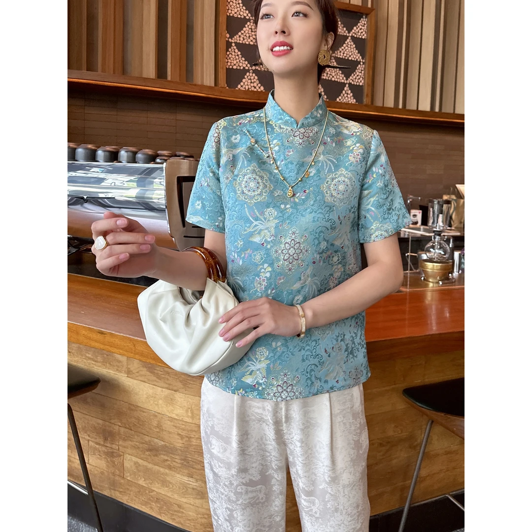 【深圳罗依】原创真丝衬衫女新中式桑蚕丝织金宋锦国风短袖气质衬衣