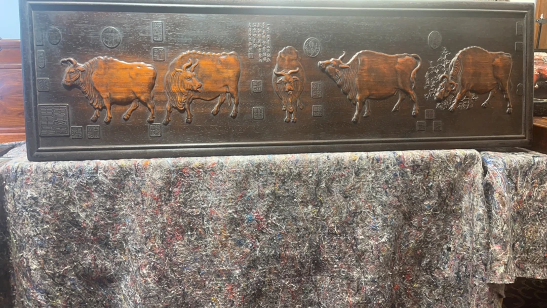 紫檀木五牛图大挂扁100×30
