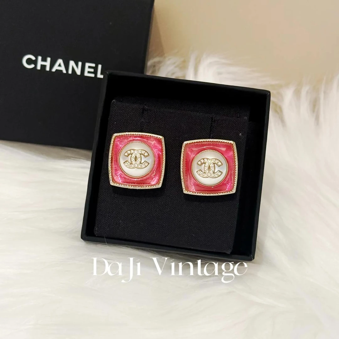 99新 Chanel/香奈儿 大吉中古/香奈儿方形双c镶钻珍珠耳钉