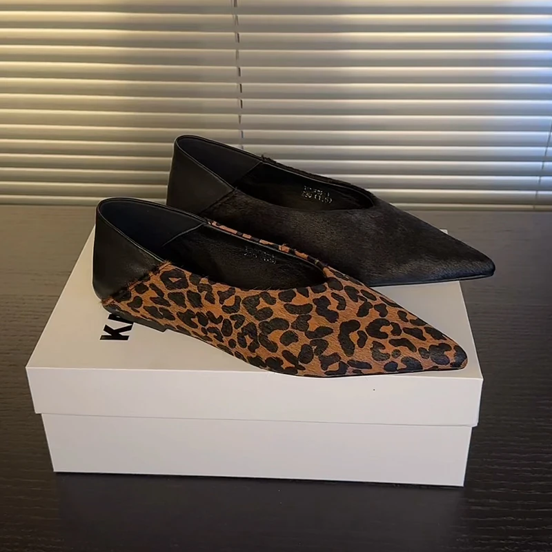 欧美时尚性感豹纹尖头平底鞋女软底马毛真皮单鞋女款2025新款爆款