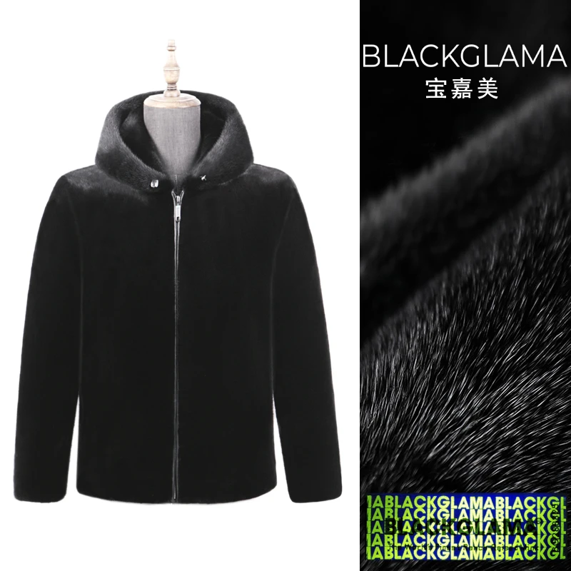 【宝嘉美】男士黑色貂皮大衣美国黑水貂皮草外套连帽男款翻领外套