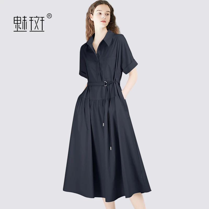 魅斑藏青色Polo领短袖连衣裙女2025夏季衬衫裙复古大摆裙