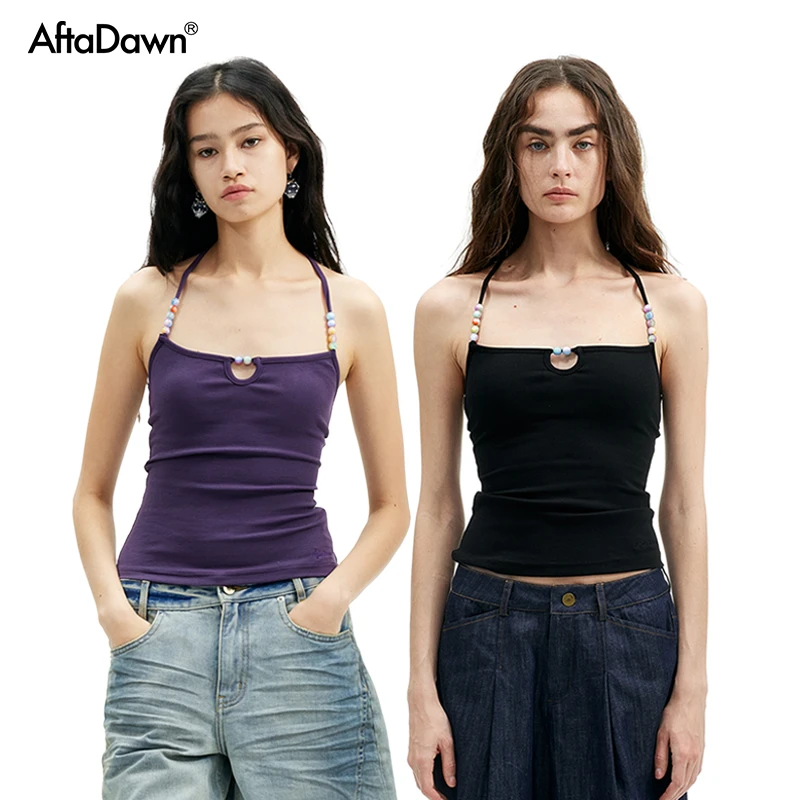 AFTADAWN 高弹罗纹棉细肩带平口吊带露背串珠挂脖背心