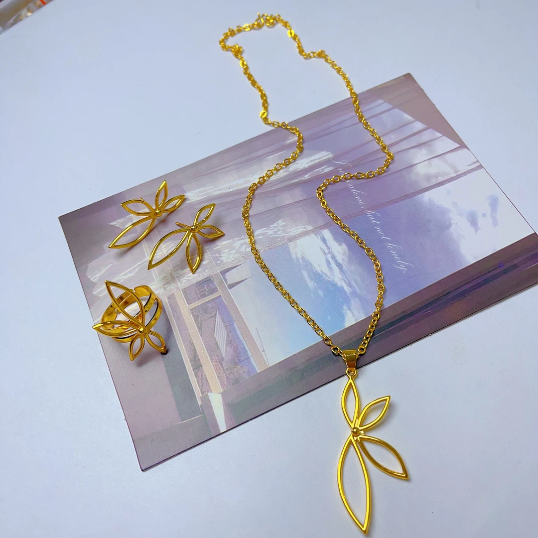 铜合金项链 280新款三件套首饰耳环项链戒指爆款白搭时尚金色铜