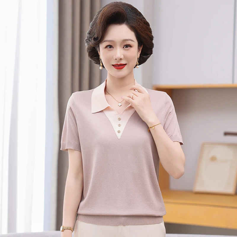 翻领中老年女装妈妈装夏季针织衫小衫大码时尚t恤薄款妈妈上衣