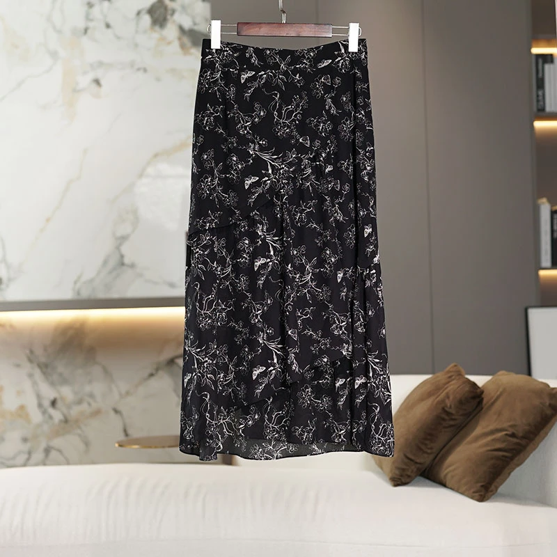 黑色印花真丝半身裙女中长款2025春季新款时尚百搭显瘦中裙女士
