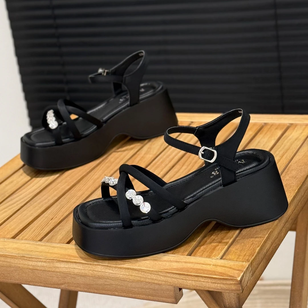 7cm增高厚底运动凉鞋女2025年夏季新款露趾细带学院风轻便罗马鞋