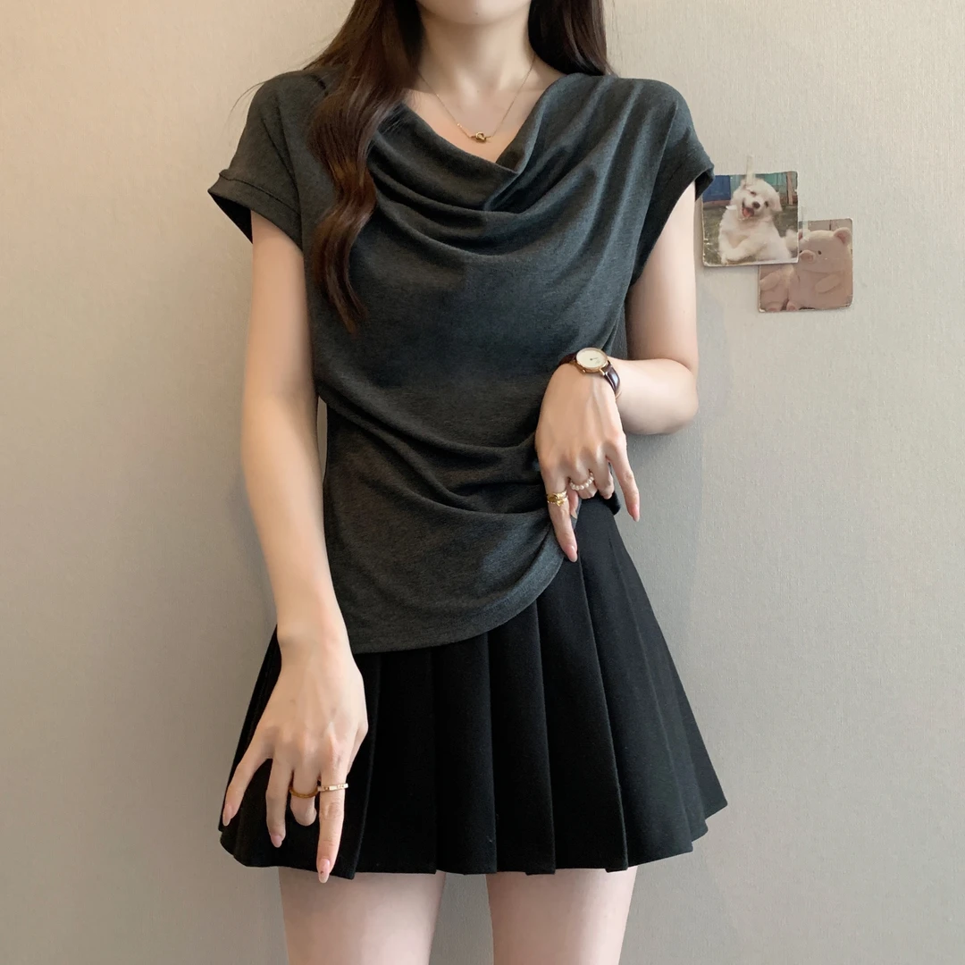 卡莲格/大码女装T恤不规则堆堆领修身显瘦褶皱短袖夏季韩系风上衣