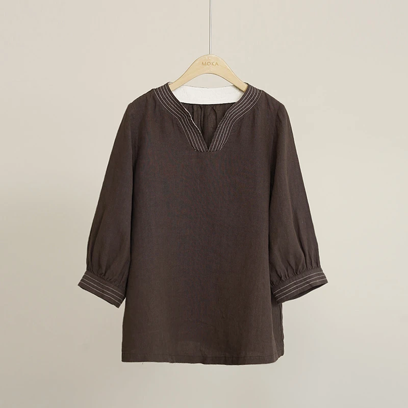 法国订单文艺复古100%汉麻撞色V领宽松上衣女士上衣（250222）2454