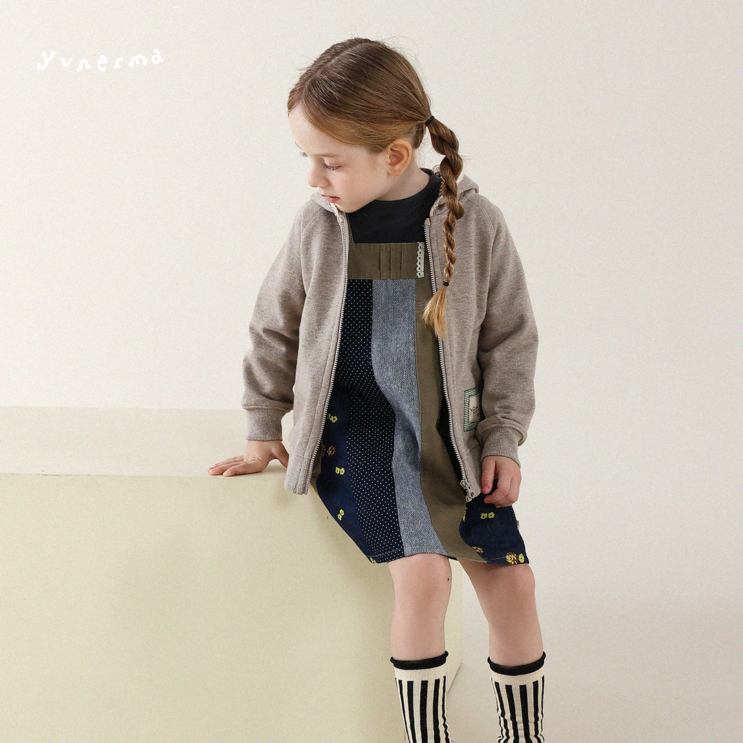 允儿妈女童秋季新款小众拼布连帽卫衣外套儿童时尚开衫宝宝上衣潮