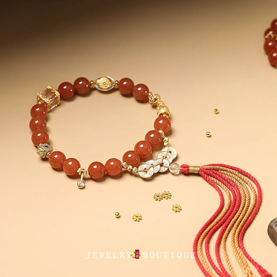 8MM南红流苏手串气质轻奢编织国风红色手工手链百搭复古小众