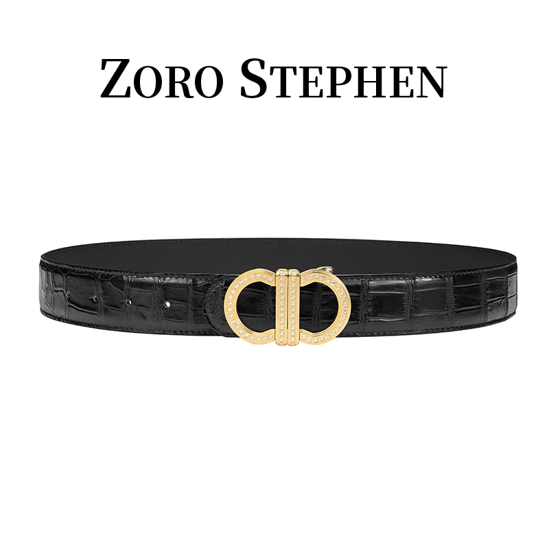 2025男士新款8字扣尼罗鳄鱼皮手工擦色腰带镶钻镀金腰带男款