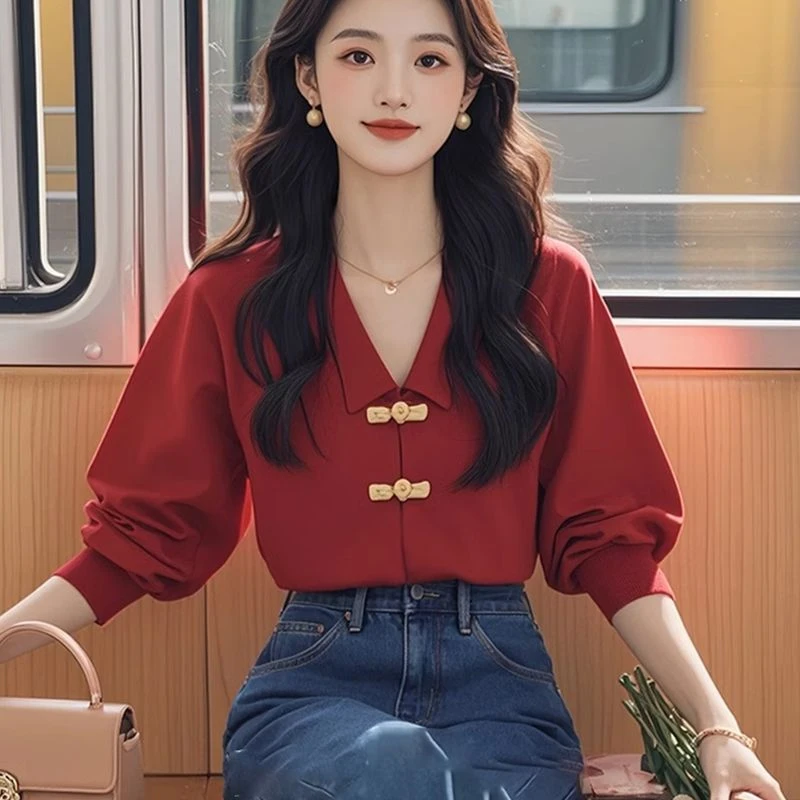 新中式国风盘扣红色长袖衬衫炸街显瘦秋款小众不撞款漂亮独特上衣