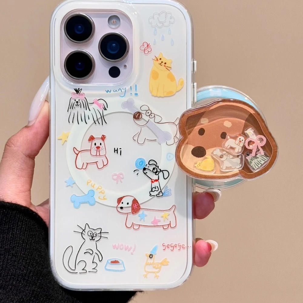趣味彩色线条猫咪小狗适用iPhone16promax手机壳15摇摇乐14磁吸13
