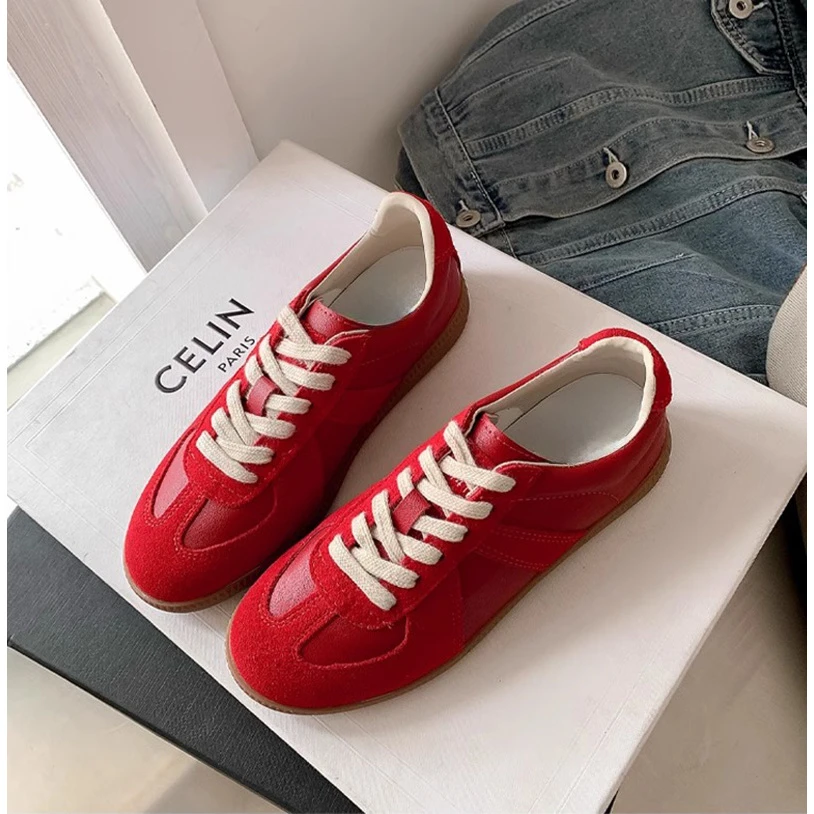 牛皮版~经典复古德训鞋女2025秋真皮系带平底休闲运动板鞋红色