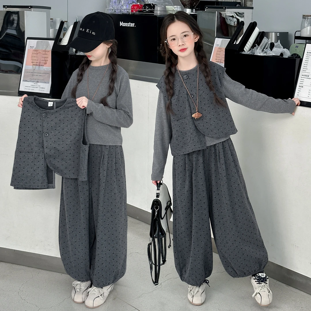 女童秋季韩版休闲马甲套装2025新款女大童洋气时髦儿童秋装三件套