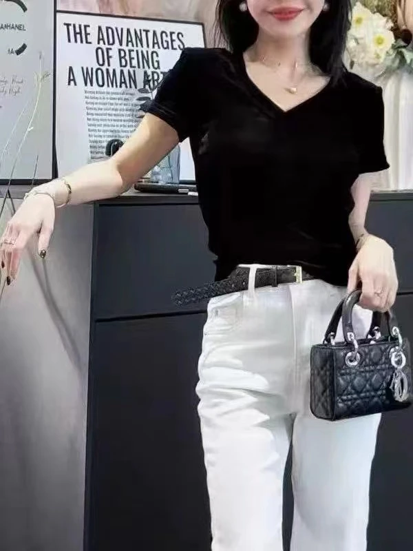 7113女士V领修身短袖显瘦短款上衣