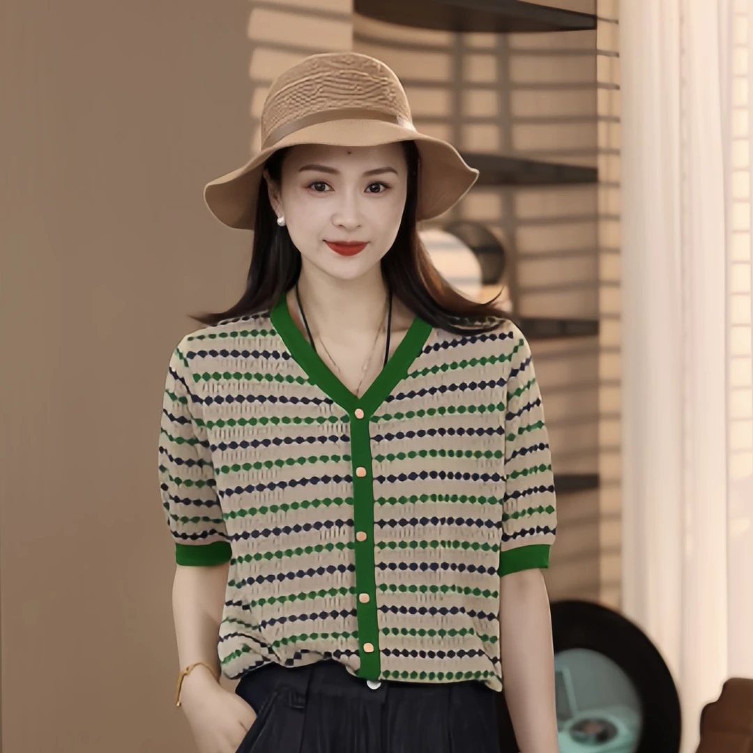 豆豆3 100%莱赛尔天丝 夏季薄款拼色针织开衫女上衣-D96171