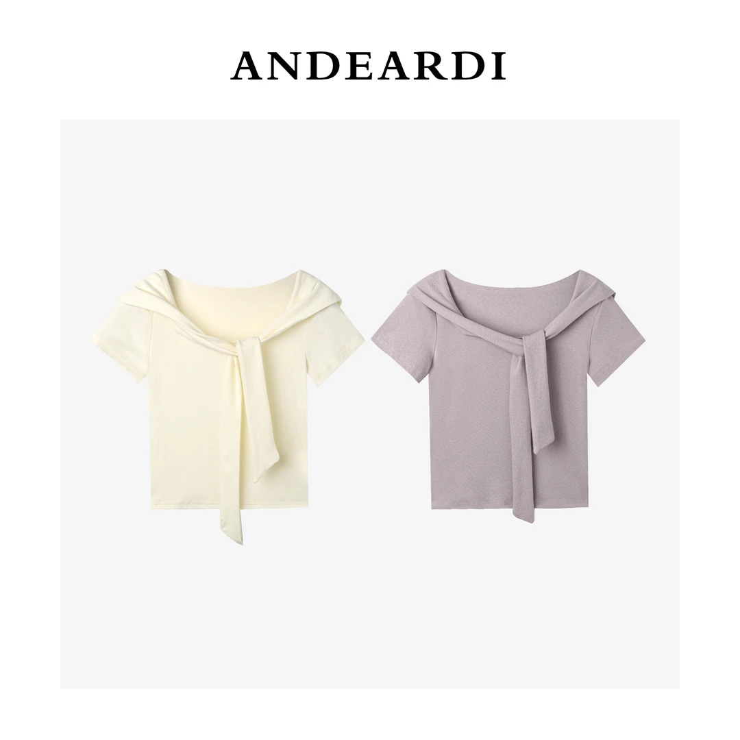 ANDEARDI韩版气质纯色系带绑带短袖V领T恤