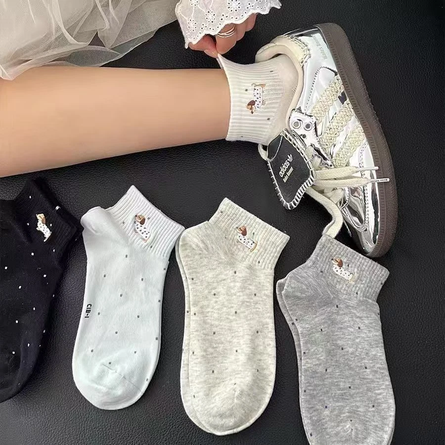 新款小狗波点袜子女短袜可爱卡通透气ins潮短筒夏季薄款白色中筒Q