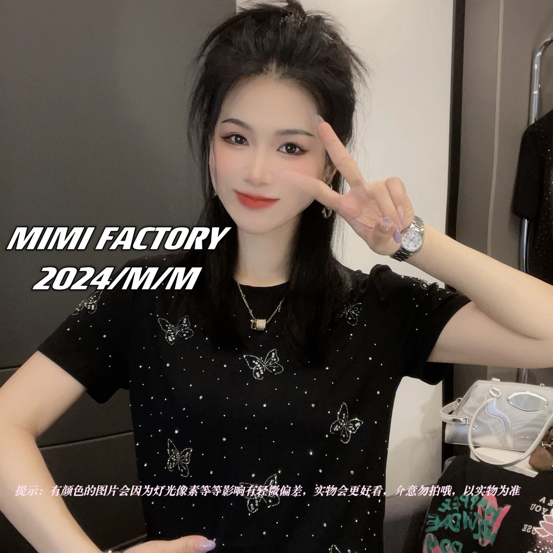 芈芈 - 2025新款 烫钻蝴蝶 短袖T恤女修身显瘦时尚休闲百搭XCTQ