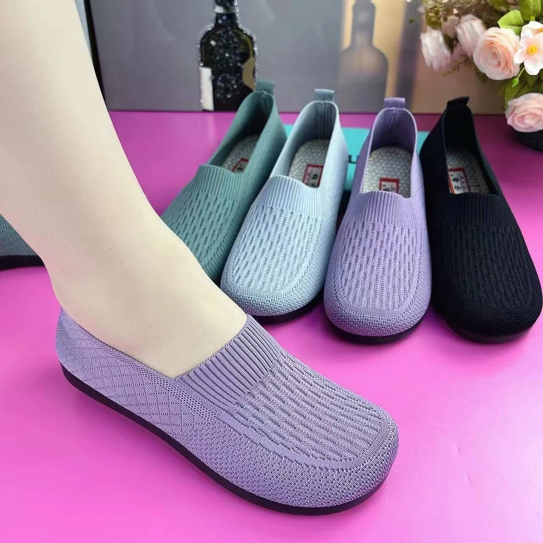 春夏新款老北京布鞋女飞织网面透气一脚蹬舒适妈妈鞋软底防滑单鞋