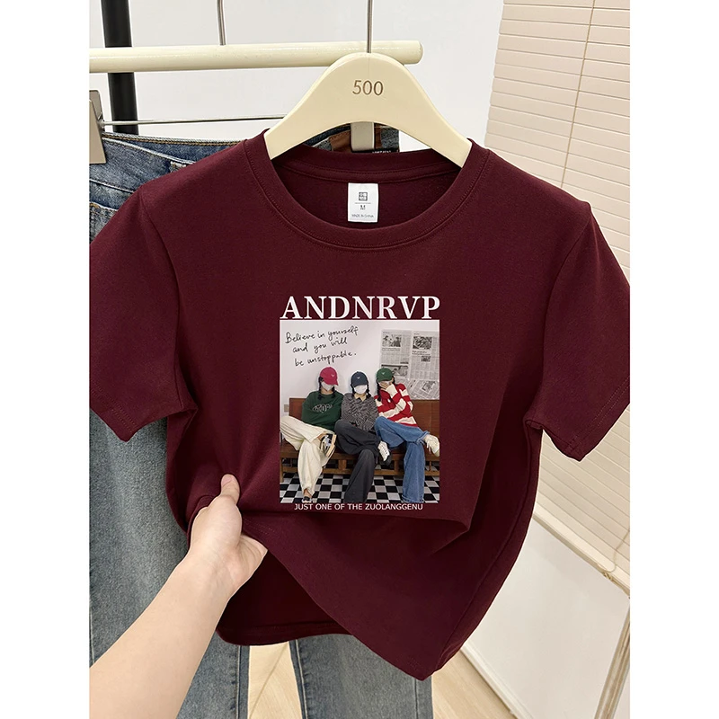 韩版正肩显瘦短袖T恤今年流行女装大码时尚个性印花体恤圆领上衣