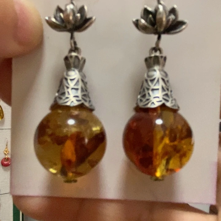 琥珀（花珀）耳饰银S925镶嵌琥珀17-18