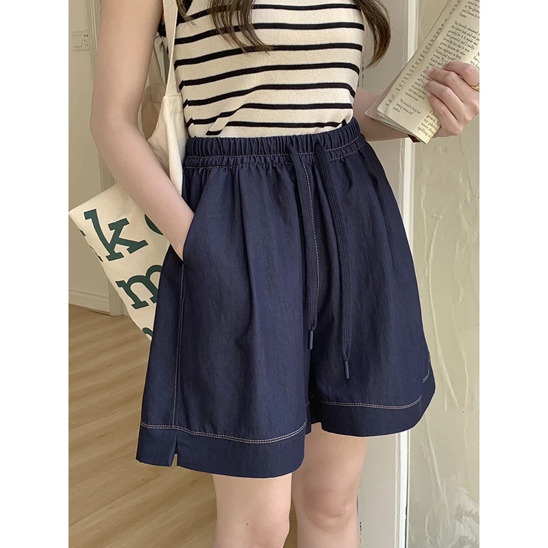 Julychee 人棉垂感松紧腰阔腿牛仔短裤