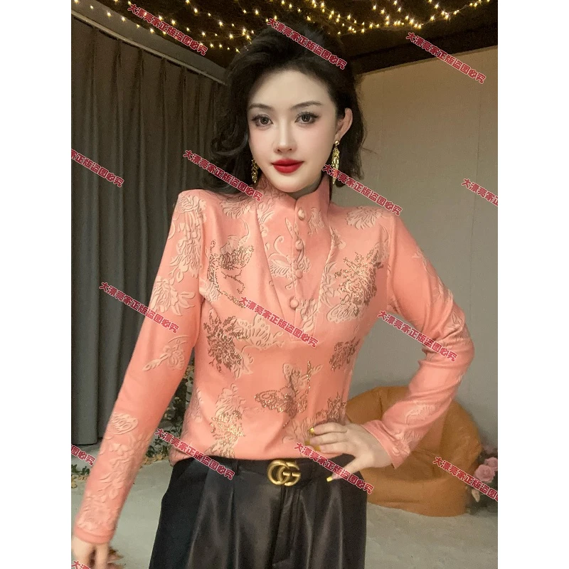 【断码破价】莲爱菊印花立领排扣加绒减龄重工烫钻长袖打底衫女8258