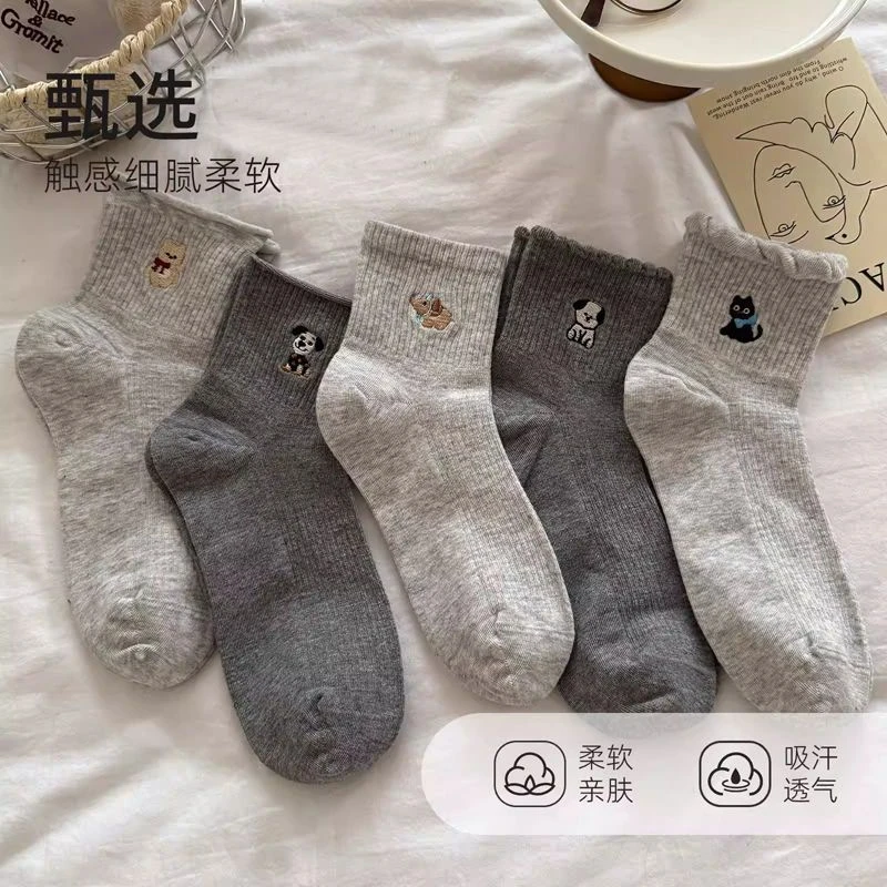 袜子女春秋款袜子卡通刺绣花边中筒运动袜薄款可爱动物纹图案短袜