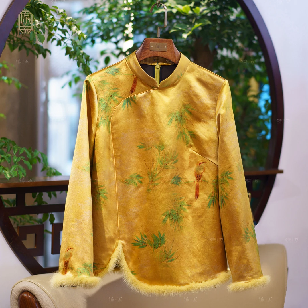 【锦·系】重缎老料香云纱拼皮毛一体水貂毛边桑蚕丝上衣C-382073