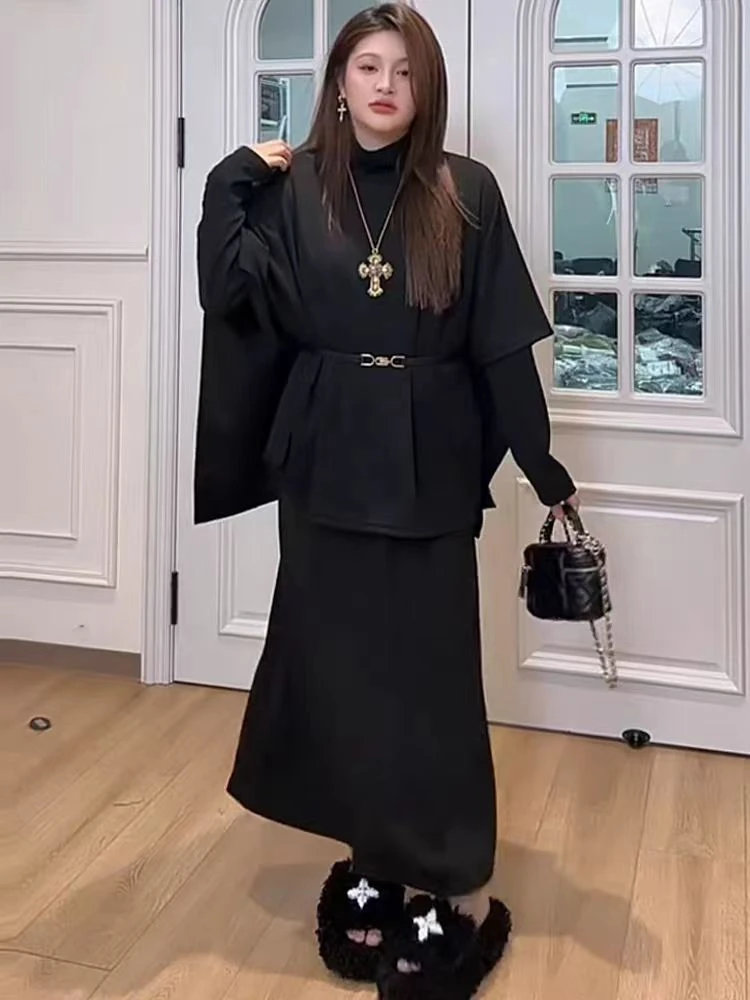 女装黑色针织上衣连衣裙套装女秋季遮肉显瘦赫本风简约两件套9917