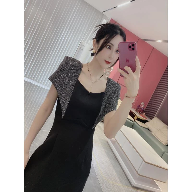 【璀璨星辰】长款轻奢小众设计烫钻拼色连衣裙82295