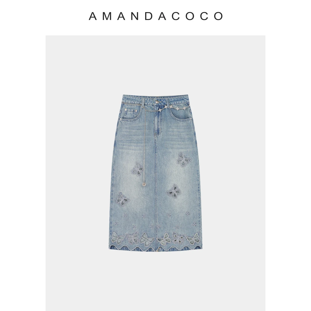 蓝调物语～烫钻镂空蝴蝶刺绣清凉百搭牛仔半裙